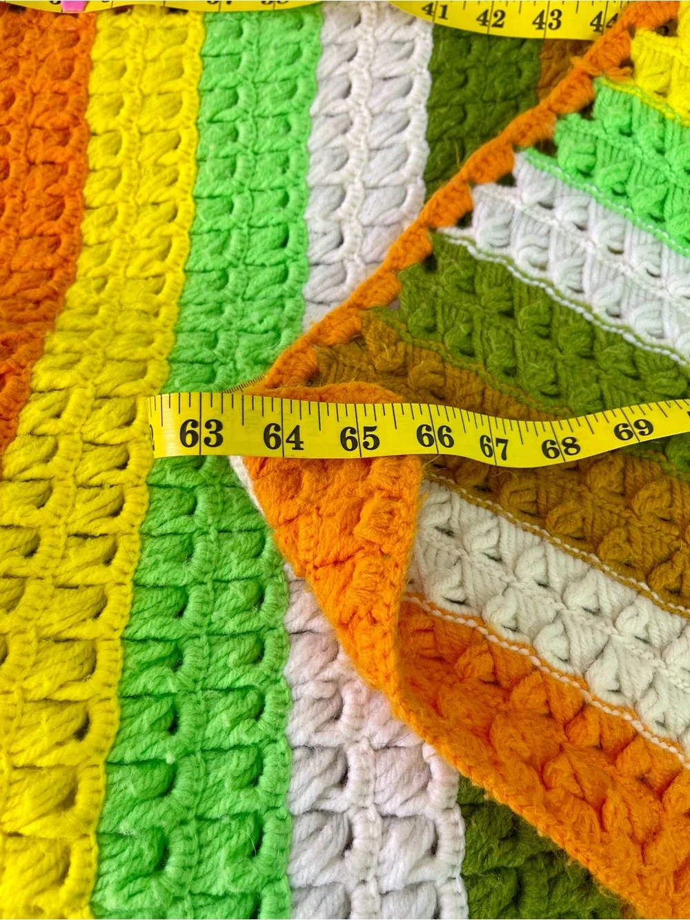 Vintage Handmade Striped Crochet Afghan in Greens, Yellow, Brown, White & Orange